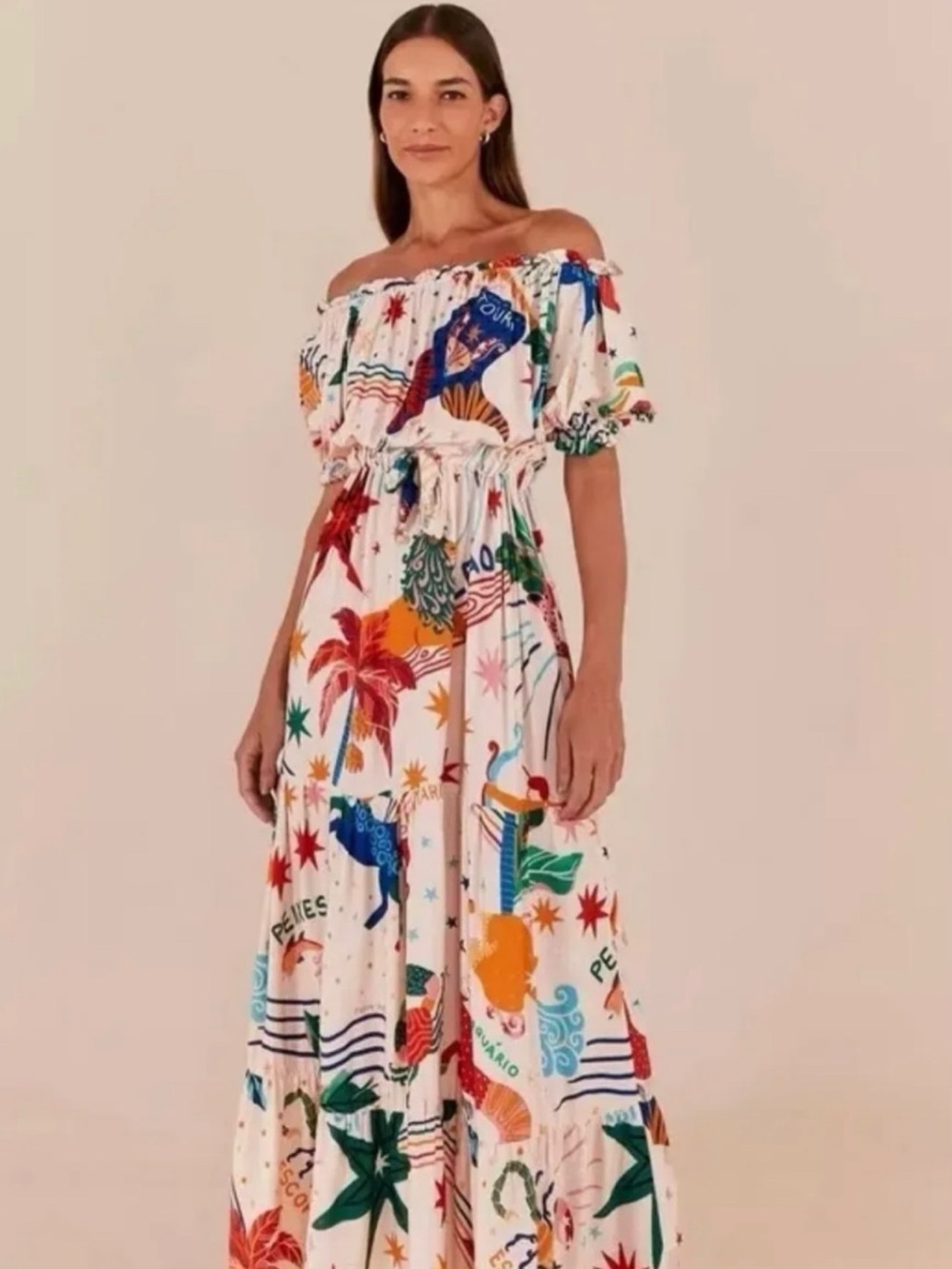 FARM Rio Zodiac Print Off-Shoulder Maxi Dress with Multicolor Tropical Print